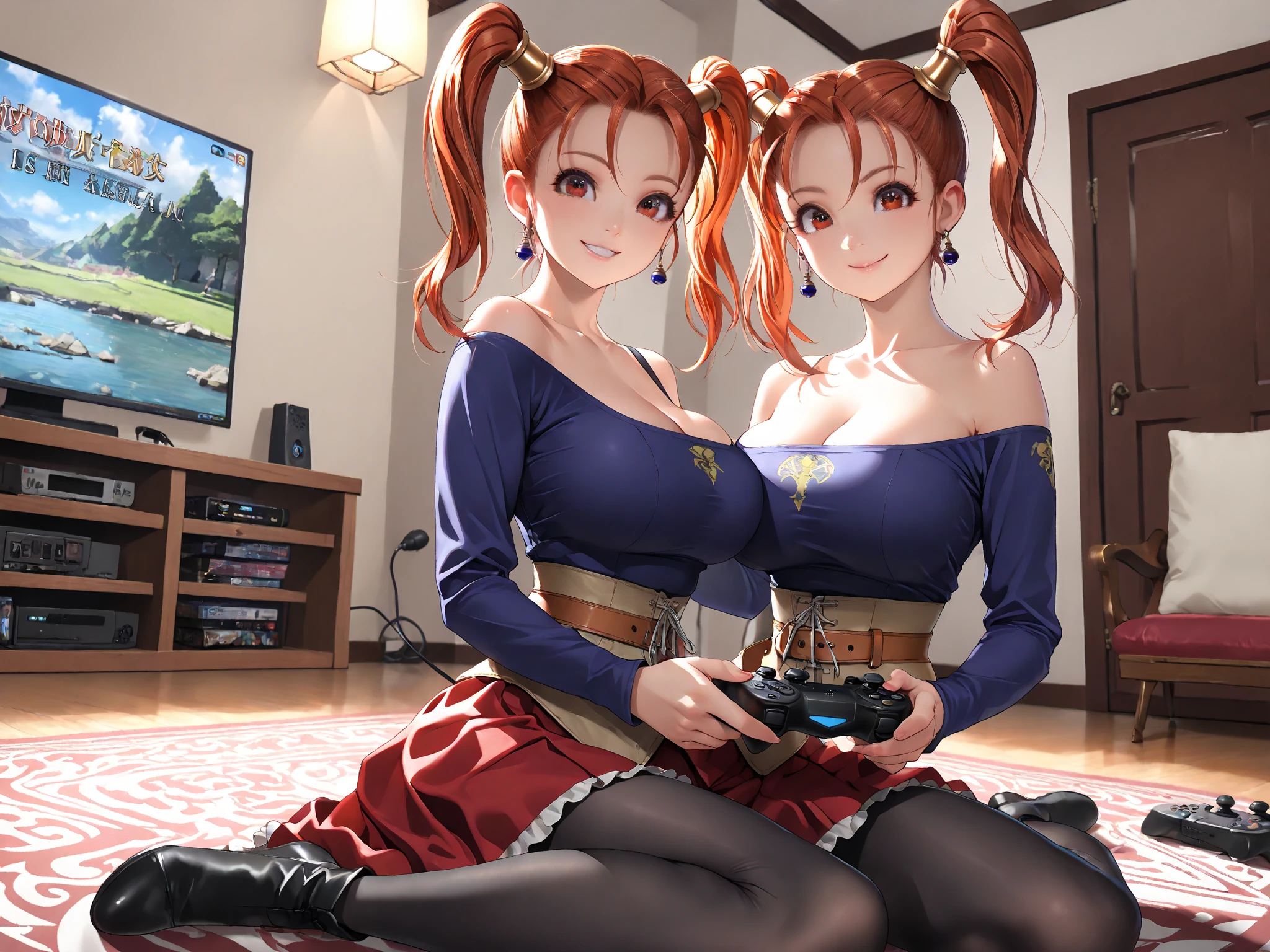 beautiful girl huge eyes realistic anime  random cosplay gigantic breasts massive breasts huge breasts dramatic pose vibrant color cute smile cute face huge cleavage redhead girl sitting on the floor , high quality, beautiful, film grain, depth of field, Fujifilm XT3