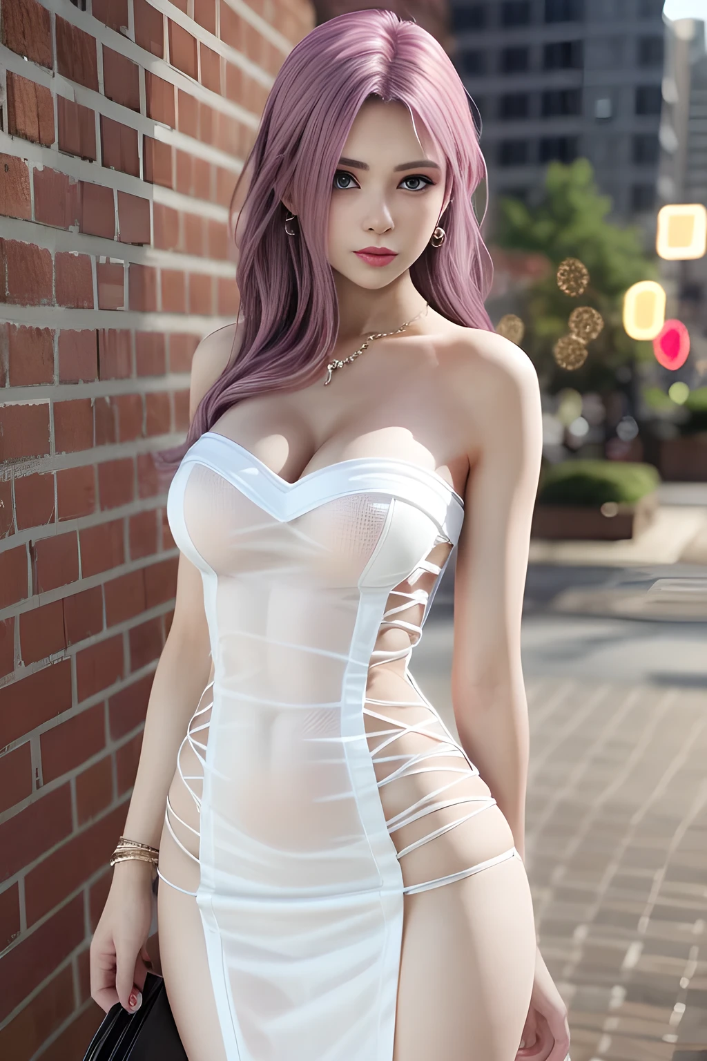 1 girl, (alone), masterpiece, highest quality, detailed face, grin and laugh, frown, (Vulgarity:1.2), vapor, I breathe, Sweat, shiny skin、, girl in a dress, micro dress, shiny dress, elbow bag, belly button, waist cutout, underwear, micro skirt, , earrings, necklace, bracelet, golden, jewelry, Medium chest, ((erect nipples)), thin waist, pink hair,