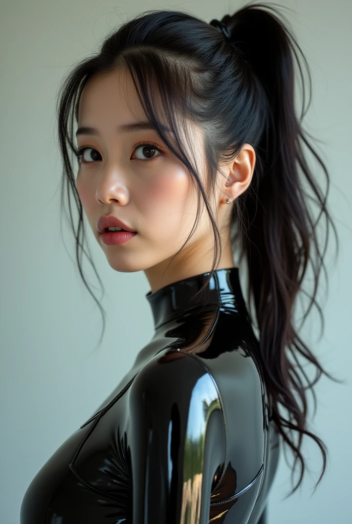 top-quality、​masterpiece、超A high resolution、(Photorealsitic:1.4)、Raw photo、女の子1人、glowy skin、Wet body、Dramatic Writing、full body Esbian、maikurobikini、爆乳、shiny lip: 1.4, (Oily skin:1.8), (shiny:1.6), Full body black rubber suit, Long gloves, Lots of oil, Raw photo, masutepiece:1.3, 超A high resolution:1.0, Crisp focus:1.2, Beautiful woman with perfect figure:1.4, Slender Abs:1.2, Wet body:1.5, Highly detailed facial and skin texture, Detailed eyes, Double eyelids, Perfect face balance, Clean system, Smile, beautiful studio soft light, Rim Lights, vibrant detail, Hyper realistic, Detailed beautiful skin, Realistic skin, In the oil pool, Wearing a latex suit,Meisa Kuroki, Keiko Kitagawa, Covered in oil, Looking from above, Soaking in oil, whole body Dripping wet, wetted skin, Five-fingered, Black latex, hands not visible, rubber glove, (Ultra-realistic realism), (illustratio), (hight resolution), (8K), (Very detailed), (The best illustrations), (beatiful detailed eyes), (top-quality), (ultra - detailed), (tmasterpiece), (wall-paper), (详细的脸), natta、upper body closeup,Plump,独奏,Girl in tight rubber suit, full of sweat, Full breasts,rubbersuit, Udder visible, lotion, My hair hides my chest, Behind, 5 fingers