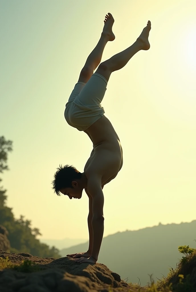A guy is hanging in horizontal bar on sundown