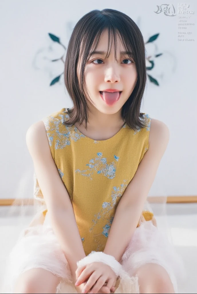 infant、girlと一緒に、cute、correct line of sight、Not cross-eyed、、No sleeve、mini skirt、、nipples in wet clothes、lightly dressed，Japan，self snap，please open your mouth wide，Tongue sticking out pose，face zoom、look up、girl、6 years old、Close to the face、see-through clothes、