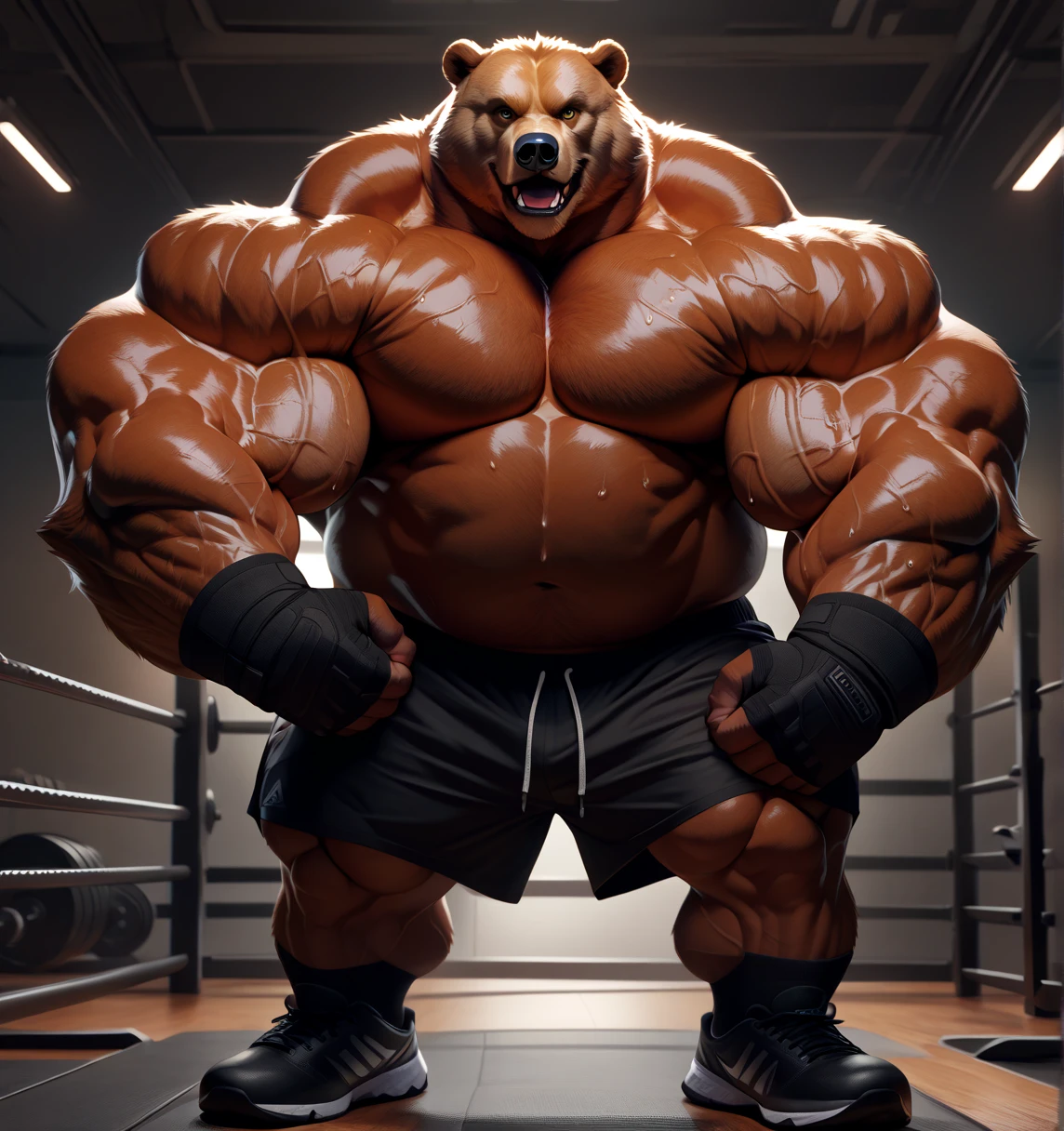 Grizzly Bear, brown fur, bitone, brown chest fur, beard, brown eyes, realistic eyes, posted on e621, furry body, anthro body, anthro grizzly bear, claws on hands, bear, solo, male, adult, masculine, (huge muscular, large muscles, buff:2.2), correct anatomy, (caricaturized image, detailed fur, epic, masterpiece:1.2), black gum shorts, has a doggy tag, thick neck,. Bear, por (Por Canyne Khai, (por takemoto arashi), por null-ghost, por kiyosan, por milkytiger1145),standing , corpo musculoso, grande peitoral, coxa grande.