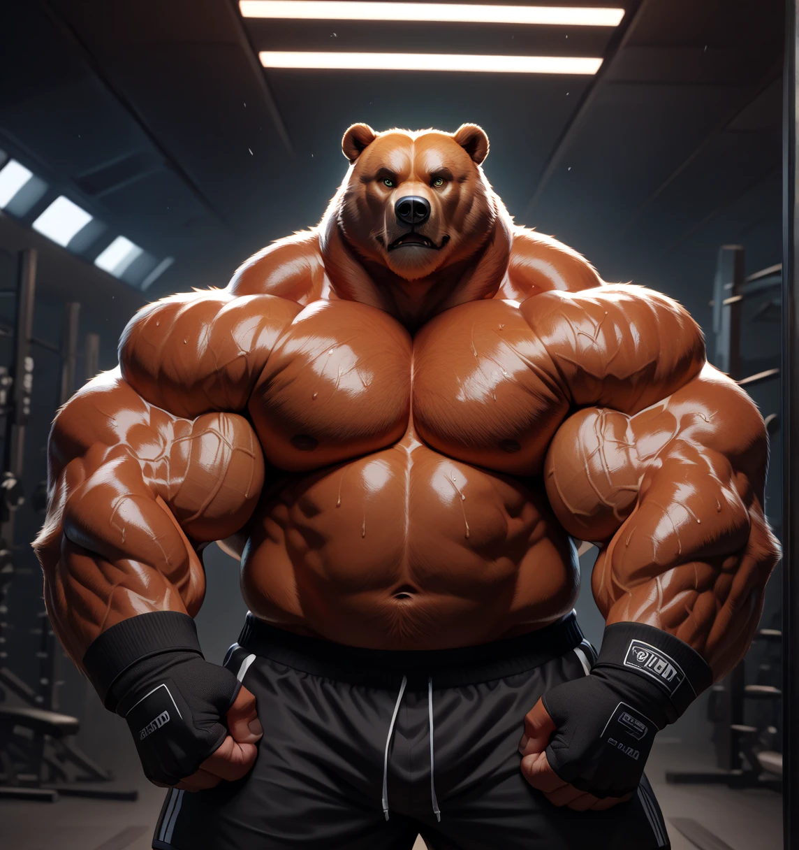 Huge muscular thick Bear bodybuilder shirtless in black gym shorts and wristbands flexing and posing at the mirror looking at his muscles pumped.