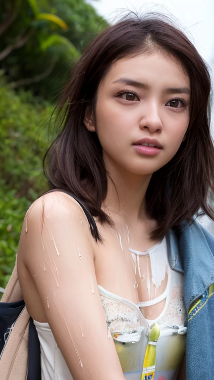 (8K, RAW Photos, Highest quality, masterpiece: 1.4), (Realistic, photoRealistic: 1.4), Super detailed, Ultra-high resolution, One Girl, Beholder, Beautifully detailed face, smile, (Slim waist: 1.0), Beautifully detailed skin, Skin Texture, Floating Hair, Professional Lighting, Middle Chest, Kind eyes,(small breasts:1.5), (beautiful nipples:1.9),(undressing:1.9), (:1.0), (law panty:1.5), (wet bikini and vest:1.25),(Feather Cut:1.0), (petite:1.0),(upper body:1.0)