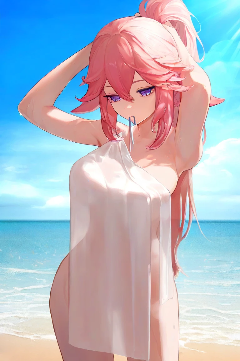 (masterpiece:2.0), (highest quality:2.0), (swimming naked in the sea:1.5), (extremely small see-through thong microbikini:1.5), (super sexy pose:1.5), (look up from below:1.5), (perfectly exposed shoulders:1.5), (perfectly exposed nape:1.5), (blushing face:1.5), (cover your chest with your hands:1.5), (spilling boobs:1.5), (realistic:1.5), 1 very cute girl, precise small hands, You look embarrassed when you look at me, light smile, innocent face, young face, clear eyes, shining eyes, small breasts, side boob is visible, shoulder is visible, cleavage of the breast is visible, no pubic hair, dynamic posing, beautiful skins, ultra-definition, Top resolution, Japanese high school student, pink hair
