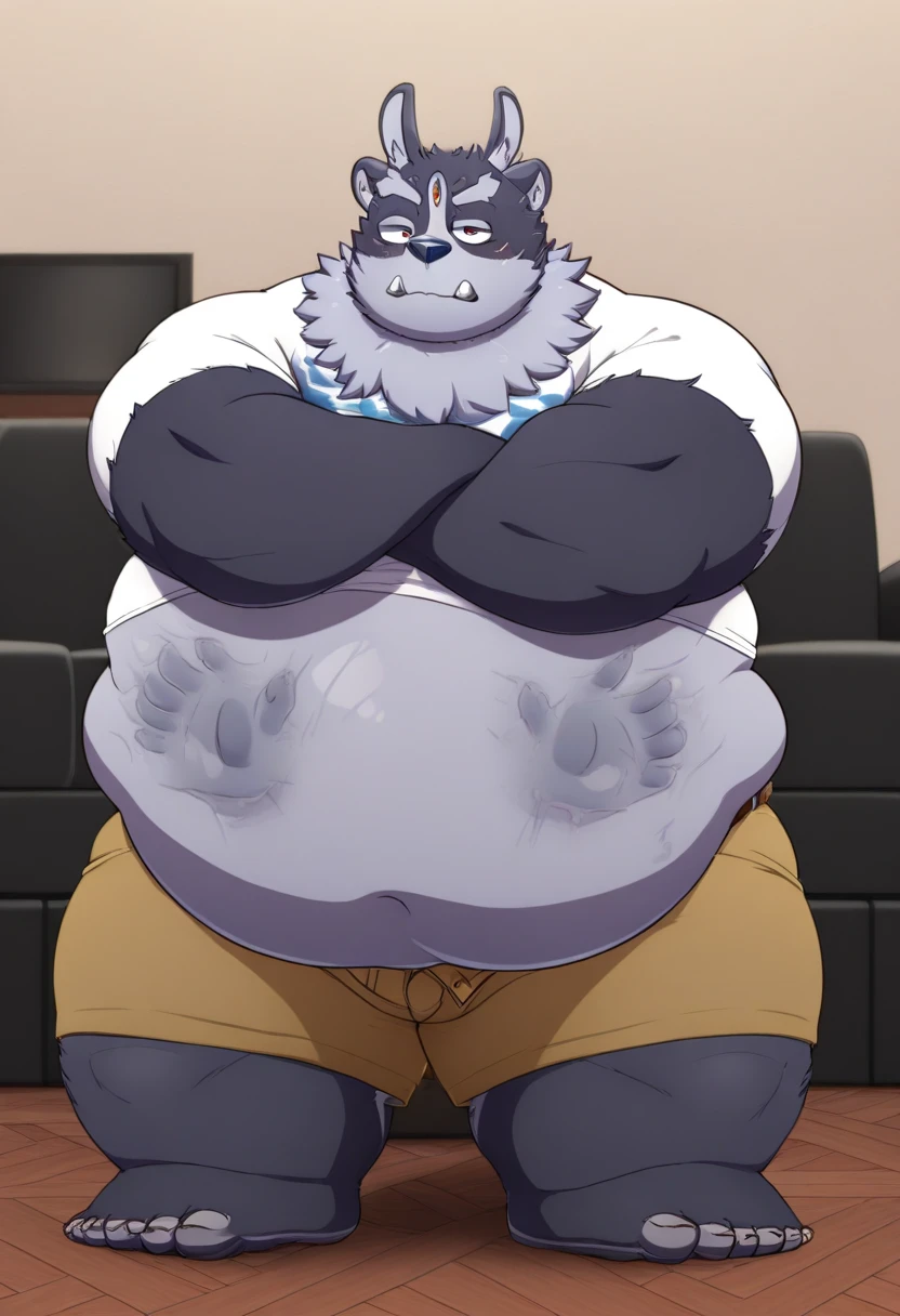 (((detailed eyes, detailed face))), amicus (adastra) <lora:character_AmicusFRL22nO:1>, wolf), male, (solo), (plump), (white briefs <lora:bulge_brief_cum_xindigo_v2:1>, erection under briefs, cum in briefs, bulge <lora:pantybulge0409:0.5>, topless), standing, arms behind back, smile, (by bna_v5, by inkudoragoon, by kicktyan), bedroom, light environment, 8k, UHD, masterpiece