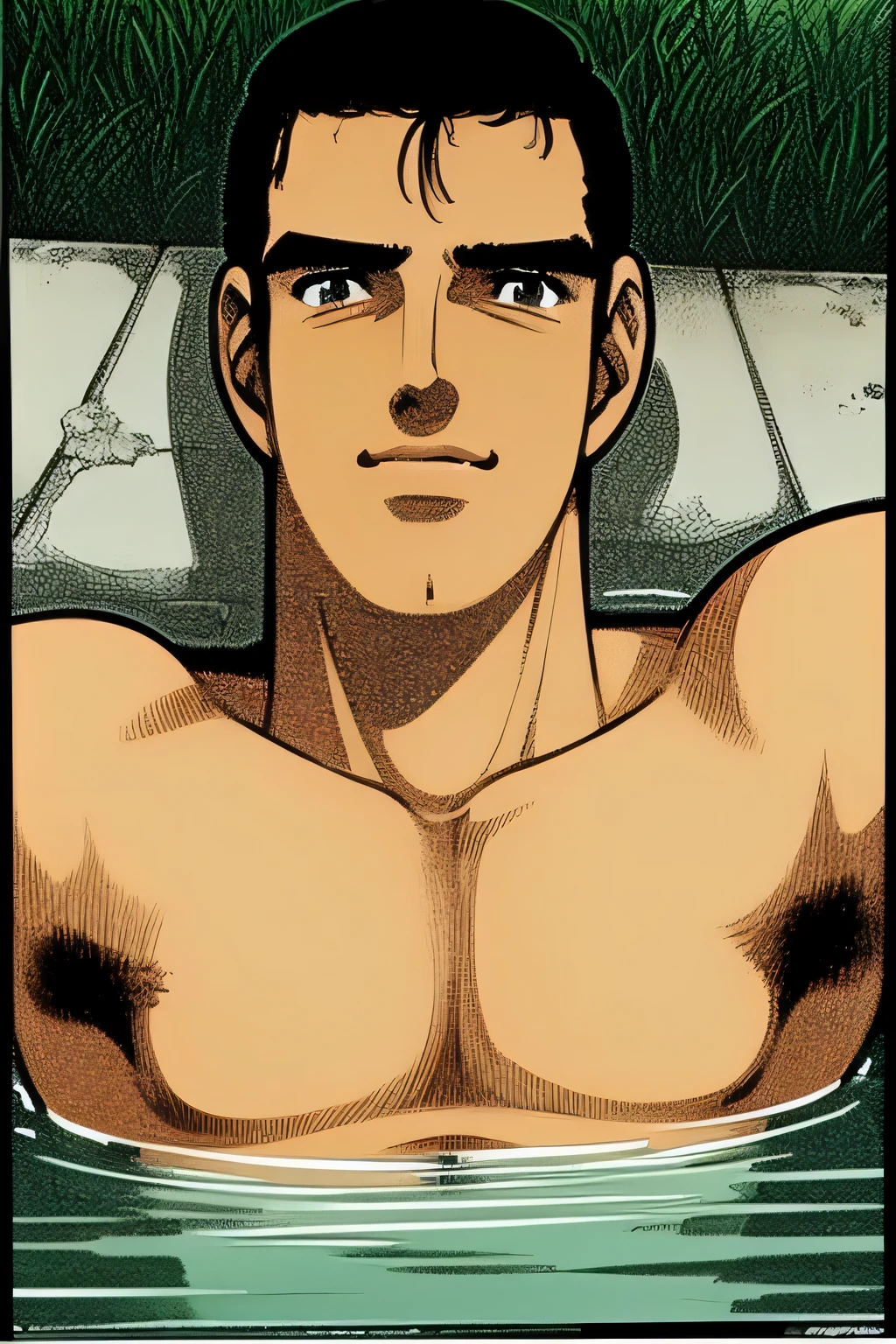(photorealistic, masterpiece, best quality), handsome asian male, chinese man, young, slim athletic body, wearing only a loincloth, artistic and science fiction background, japanese mythology, lunar new year inspired, pastle blue & silvers, fantasy art, comic artstyle
