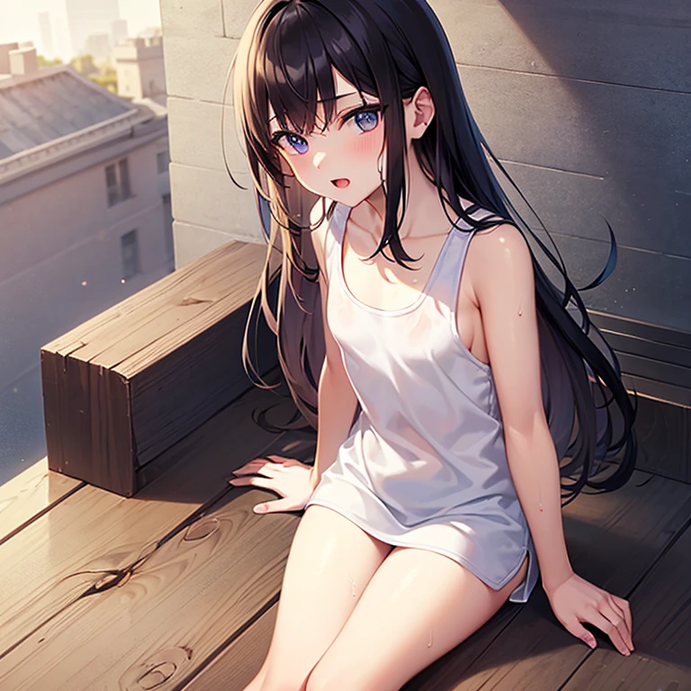 hiquality、top-quality、Full limbs、The ultra -The high-definition、Black hair long hair、Shining eyes、complete fingers、Slender beauty、ssmile、Wearing a white school swimsuit、shinny skin、knee high、girl's cute room、Dramatic Writing