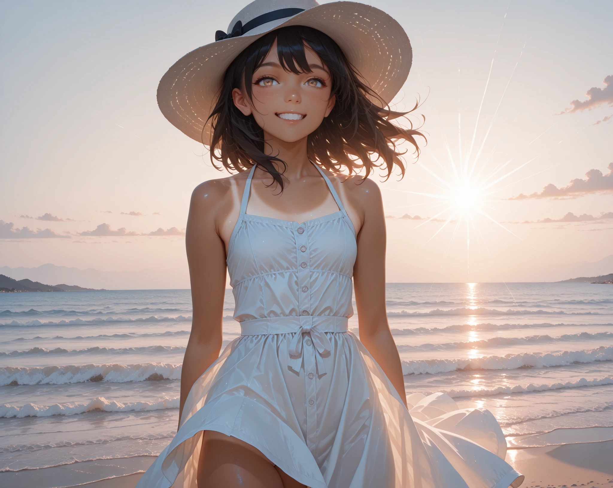 Mujer de Araffe en vestido blanco de pie en la playa con palmeras, Dua Lipa, Cerveza Madison, con palmeras en la parte posterior, hermosa y sonriente, Sha Xi, Imagen filtrada, en ropa blanca, El fondo es celestial, Kailee Mandel, posing on a beach with the ocean, imagen de muy muy muy baja calidad, suave en _ Los antecedentes, Bae Suzy(taking a cumshot on her face, cum string, ejaculation, cum on face, cum on tits, cumshot:1.2)