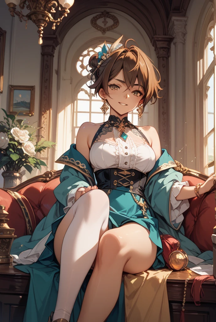 best qualtiy，（tmasterpiece：1.2），illustratio，absurderes，
（1girll，独奏），（Beautiful Meticulous Girl），（adolable：0.4），
Wang Yuanji，blone hair，ponytailhair，with brown eye，big cleavage breasts，
Aqua dress，flowery dress，，Aqua skirt，black thigh boots，thigh high boots，high-heeled，
face flushed，looking at viewert，
（chinese architecture background），Sit all over the chair
Sit， cow boy shot， full bodyesbian，