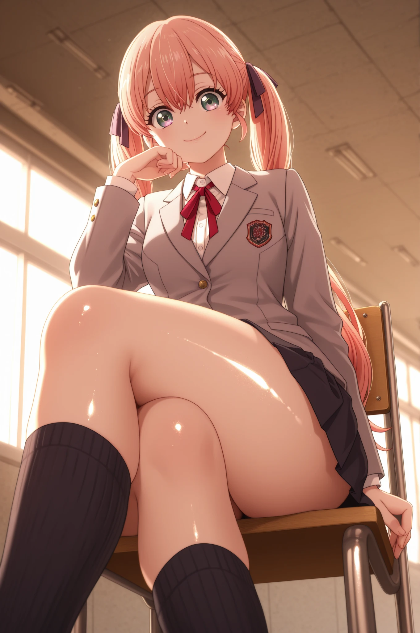 best quality, masterpiece, realistic, hdr, detailed, intricate, colorful, vivid, a woman, (gal), (smileanime face), (schoolgirl uniform), magenta hair, oily tan skin, huge long wide nude breasts, spread legs, crotch, sit, thick, curvy, chubby, bbw, long skirt,