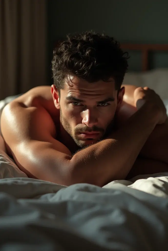 Jax pena lay at the bed in the bedroom without Light without any shirt