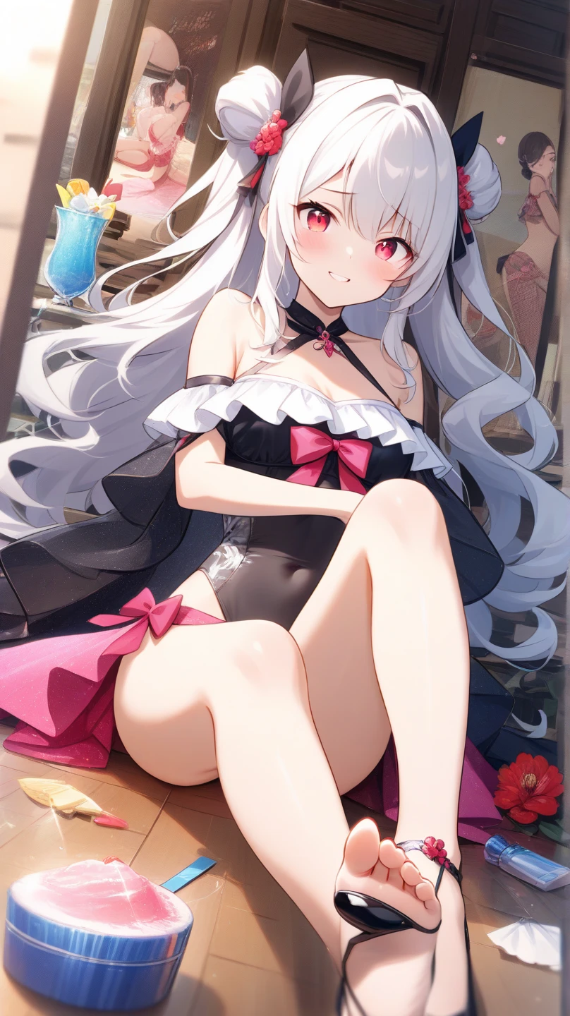 Beautiful illustration, best quality, cute little girl, (transformation sequence), Magical girl transformation, chibi, white magical girl, fractal art, Albinism, baby face, Pure white and red mesh long hair, Beautiful and detailed red eyes, Cinema lighting, cowboy shooting, looking at the audience, from the bottom, happy，white swimwear