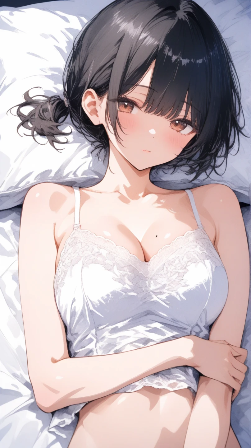 1girl,solo,cute,shy,black hair and medium hair,sweat,big breasts,big bust,under wear,armpid,raise a arms, tie one's wrists,upper body,breasts focus,lying in bed,