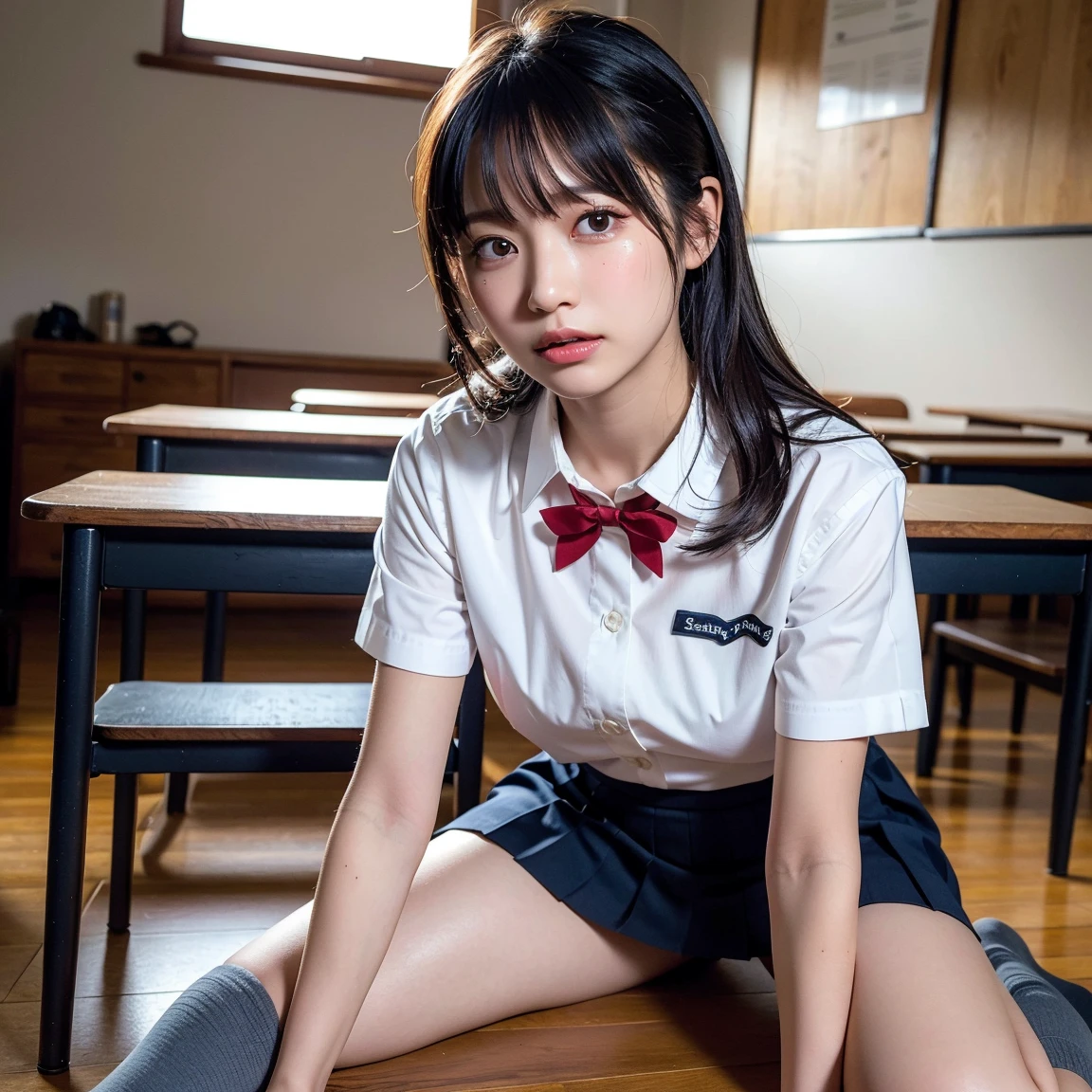 (masterpiece, best quality:1.2), (realistic,photo-realistic:1.4), RAW photo, highres, extremely detailed, intricate details, upper body, from below), solo, 1girl, a 19 years old Korean female, (white shirt, short sleeves, bowtie, plaid miniskirt, pleated skirt, bare legs, thighs, socks, loafers, school uniform:1.2), dark hair, short bob hair, cute face, detailed face, detailed eyes, sophisticated nose, fine-textured skin, pale skin, (motel room:1.5), (beer:1.3)
