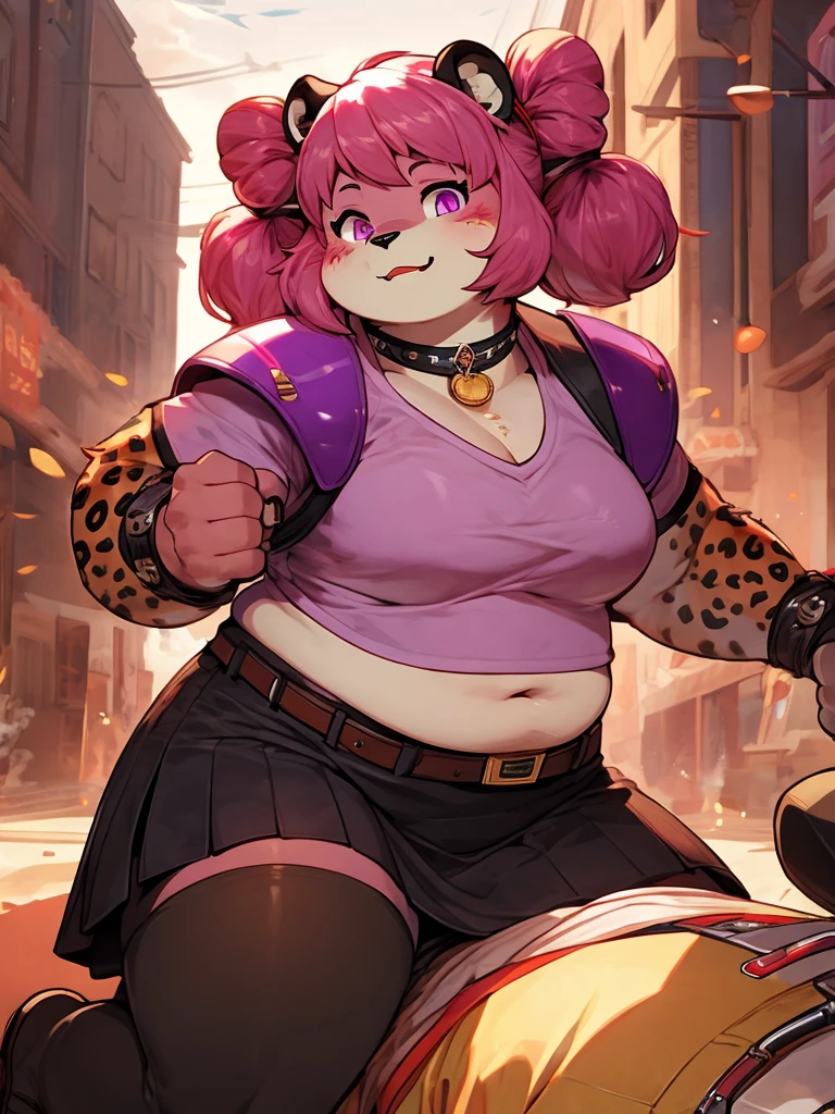 (Solo:1.2), (extremely sexual:1.2), (heavily tattooed:1.2), (cow furry:1.4), cute cow nose, gorgeous, heavy makeup, big beautiful eyes, lipstick, (cow tail:1.2), (brown skin:1.4), (pink hair:1.4), (cute pink oversized baggy T-shirt:1.4), shorts, large breasts, blushing deeply, very embarrassed, walking in the park, dusk (masterpiece, high resolution, ultra detailed eyes, ultra realistic, beautiful lighting, 4K, 8k, highly detailed)