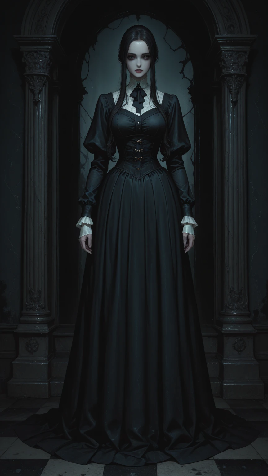 A full-body portrait of Lady Althea Voss, one of Lady Seraphina d’Aurelis' trusted ladies-in-waiting. Althea is depicted in a dark, elegant gown that reflects her sophisticated and cunning nature. She stands with a graceful yet commanding presence, her pale skin contrasting with her jet-black hair styled in an elaborate updo. Her ice-blue eyes are sharp and observant, giving her a calculating and intelligent expression. The background is subtle and dark, emphasizing her role as a manipulator in court intrigues. The art style is realistic, capturing the intricate details of her gown and her poised demeanor.
