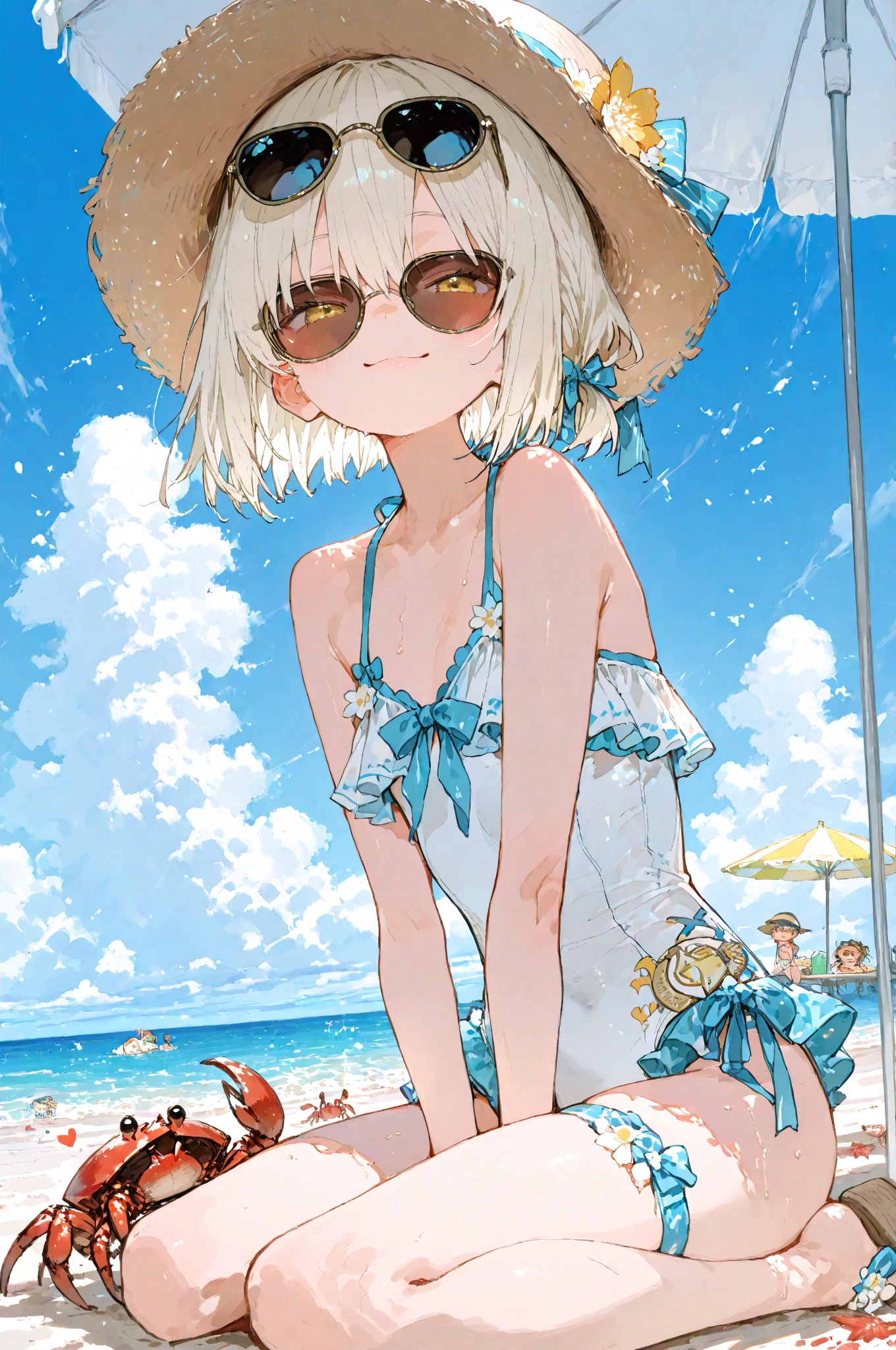 1girl, loli, ocean, bikini, urine, seagull, flat chest, white hair, high quality, high resolution, dull hair, blue eyes