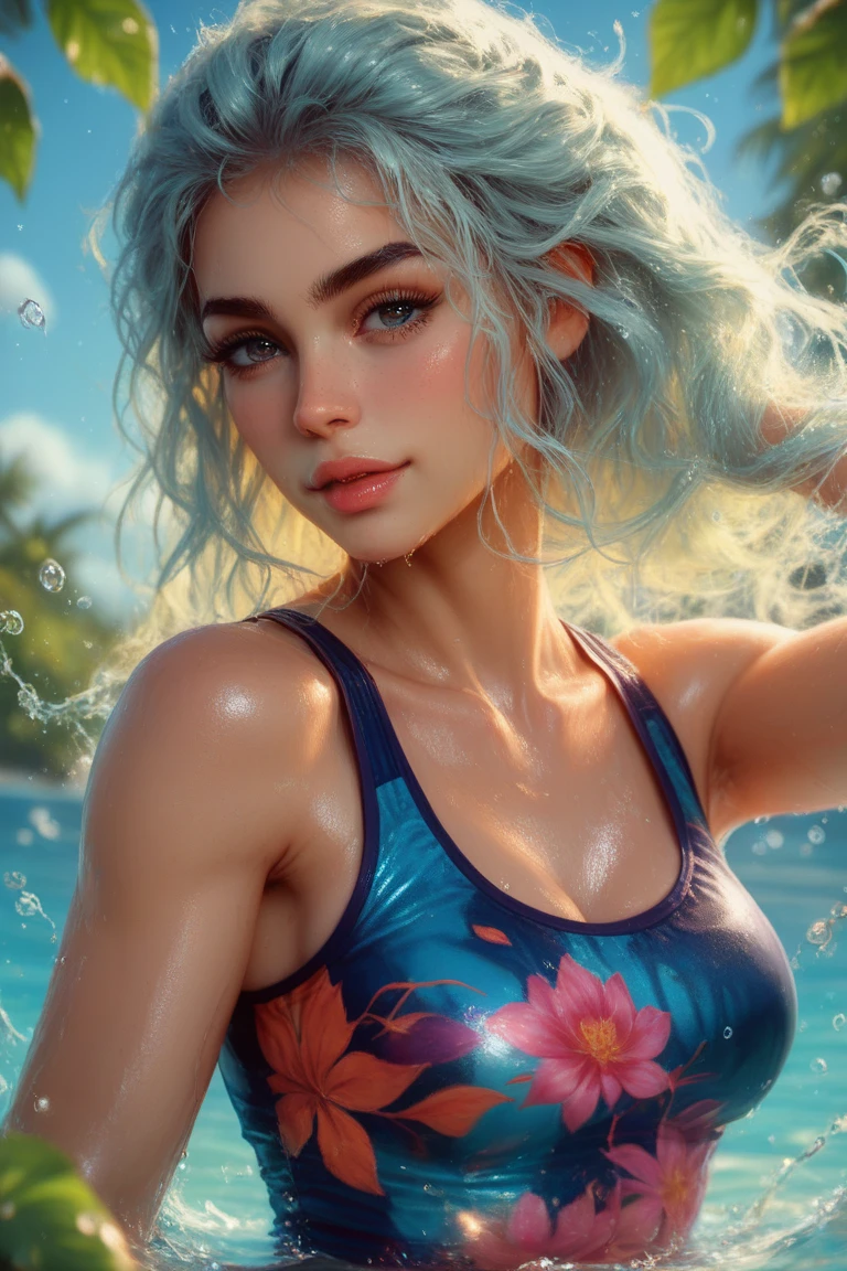 melancholy lighting, quiet, calm, brightness, masterpiece, best quality, 1girl, (JinxLol:1.2), (ultra photorealistic:1.3), (masterpiece:1.4), best quality, ((realistic)), high quality, ultra detailed, ((real image)), ((realistic skin)), ((realistic face)),(illustration:1.05), (beautiful:1.05), (beautiful detailed eyes:1.05), (cinematic light:1.1), full body, precise proportions, 18 year old girl, slim model BATHING in the sea, waves, hair RED fluttering in the wind, detailed bikini, long legs, slightly open feet, buttocks, blush, shyness, collarbone, abdominals, double weave, beautiful and delicate face, fair skin, real skin, (detail face), pores, super high resolution, 8k, parameters Best quality, masterpiece, super high resolution, (Realistic 2.0), More details, detailed skin, wide smile, white teeth, GINGER BLONDIE hair voluminous, perfect and well-designed eyes, girlfriend, beautiful, beautiful, flowers, studio lighting, BLUE SKY BACKGROUND