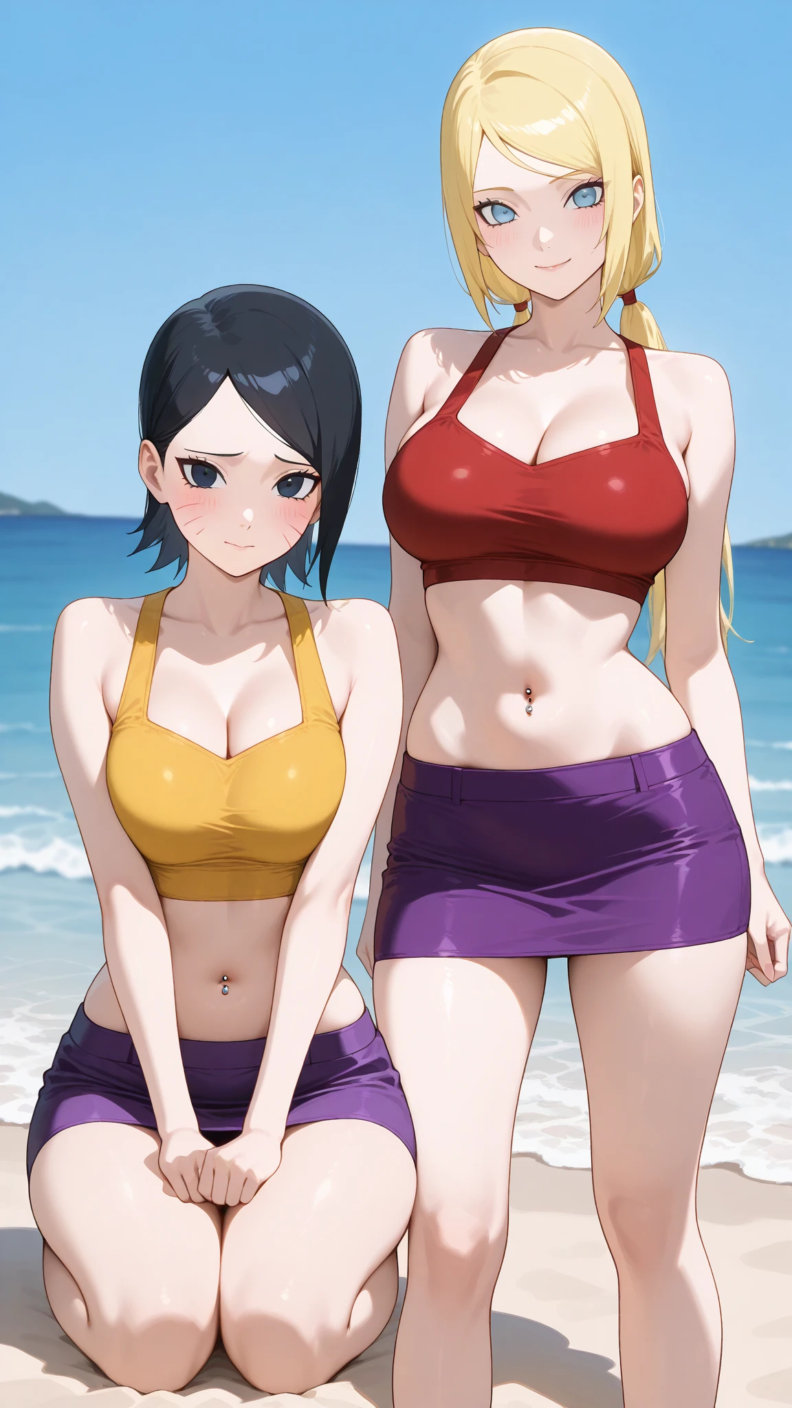 (masterpiece:1.1)、(top-quality:1.1)、shorth hair、Good anatomy、(1girl in:1.2)、(detailed faces and eyes:1.25)、orange color hair、brown haired、Brown-eyed、looking at the viewers、a matural female、side locks、Kyoka Tachibana、(Black Bikini:1.3), (the beach:1.3)、A smile、cowboy shot、Bare neck、Bare arms、bare elbows、bare shoulders、is standing, (side-tie bikini bottom:1.3),