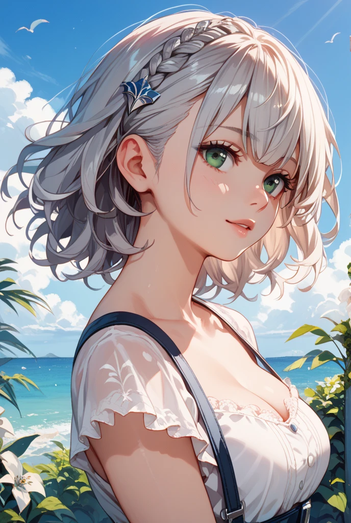 (Best quality,4K,8K,High resolution,Masterpiece:1.2),Super detailed,(Actual, Realistic),highly detailed, top quality, soft skin,Portrait,
break,
((clear blue eyes:1.2)),very kind eyes,eyes wide open,beautiful eyelashes,beautiful lower eyelashes,
break,
((Beautiful and shiny silver hair:1.3)),A dazzling smile, a bursting smile, an open mouth laugh,
break,
very happily,
break,
flowered straw hat,((Frilled Bikini)),
break,
(beach), (sunset), evening, masterpiece,perfect lighting, perfect outfit, perfect anatomy, perfect eyes, perfect face, clear resolution