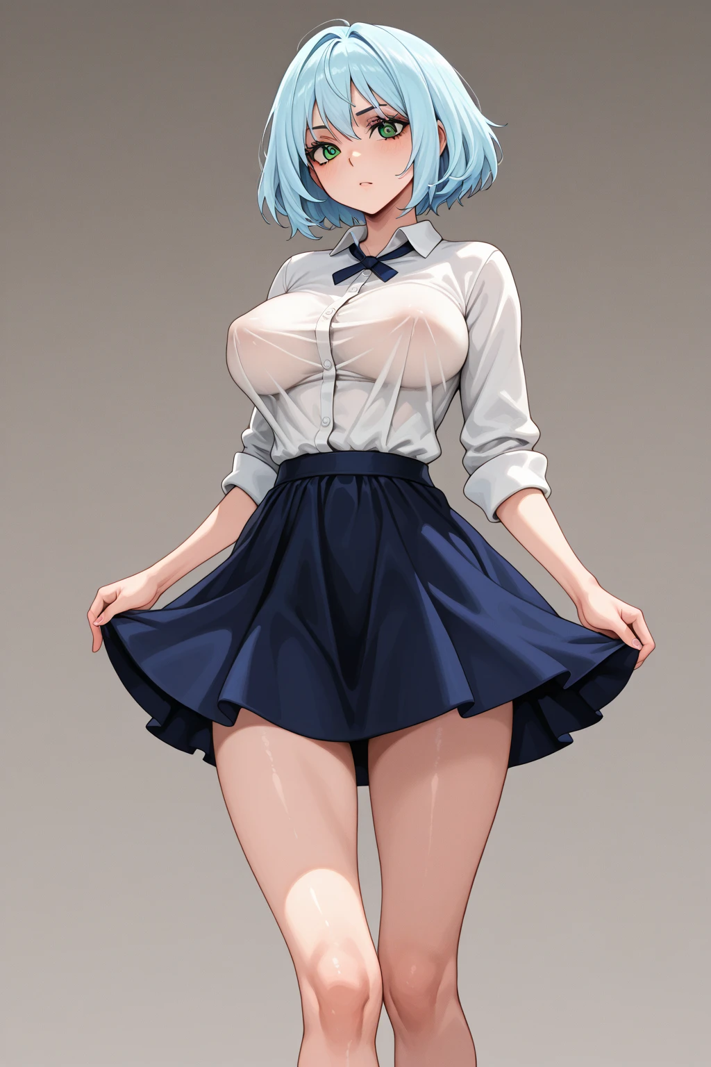 A boku no hero academia style anime woman with loose pastel blue hair with pointy bangs, black eyes and dilated pupils, white shirt with open chest and a black collar, short black skirt, black tights and light blue high heels