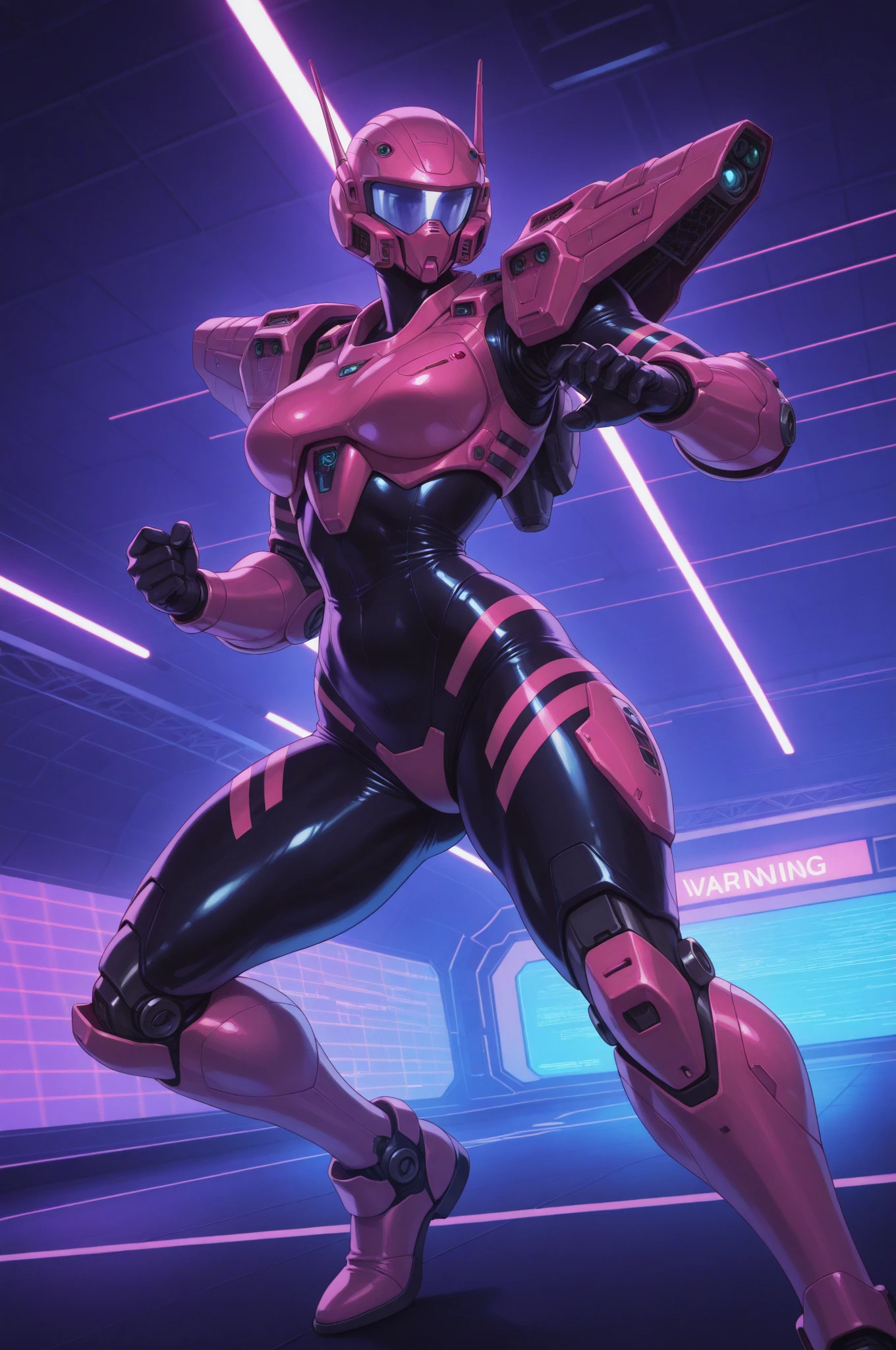 a girl wearing mecha cyber armor,technology bodysuit,smart lines in the costume,cleavage,tech boots,tech gloves,(mechanized valkyrie girl),full body,high heels,intricate details,hyper realistic,8k,award winning,cinematic lighting,dynamic pose,dramatic colors,complex patterns,futuristic,cyberpunk,chiaroscuro lighting,highly detailed,photorealistic,unreal engine,volumetric fog,advanced rendering, technology pistol in hands shining.
