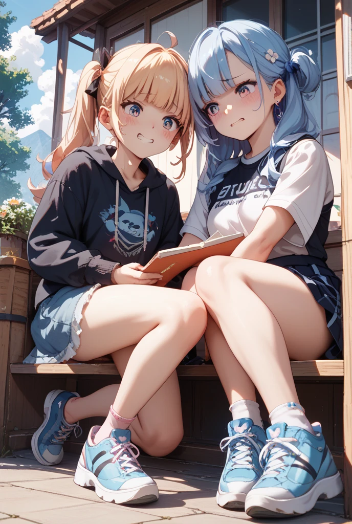 masterpiece, ultra high quality, very high definition, perfect generation, cute woman wearing a hoodie and shorts