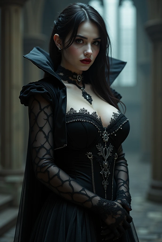 in frame, full body, a beautiful woman at Mont Saint-Michel cathedral at night, dark shadows, (incredibly sexy:1.3), pale skin, thin face, luscious long black hair, heavy makeup, dark eyes, dark eyeliner, dark makeup, skin blemishes, (large soft breasts:1.4), (thin tight body:1.4), thin hips, (tight defined butt:1.3), thin stomach, thick strong legs, wearing gothic lingerie and a long black velvet cape and knee high boots, black choker, becoming a vampire, fangs with blood, looking at camera, seductive, moonlight, masterpiece, photorealistic, detailed, 8k, HDR, shallow depth of field, midnight, dark shadows, creepy atmospheric, rain, high contrast, backlighting, bloom, light sparkles, chromatic aberration, sharp focus, RAW color photo