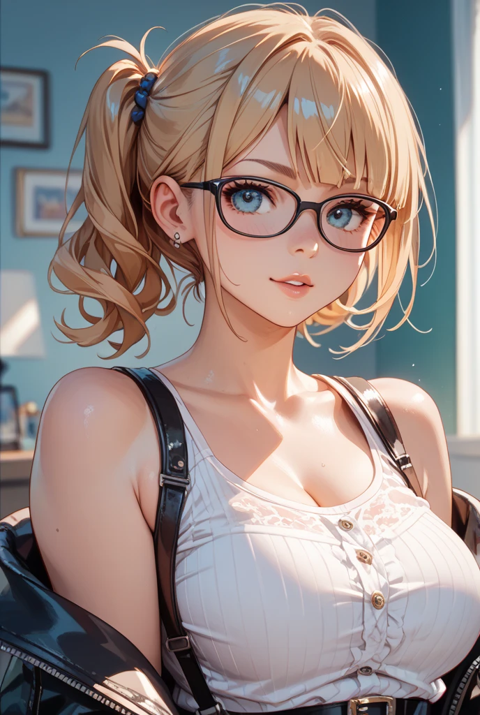 a cute anime girl with blonde/white hair, wearing glasses, a hot bra, and using lipstick, detailed facial features, beautiful eyes, photorealistic, 8k, high quality, digital art, masterpiece