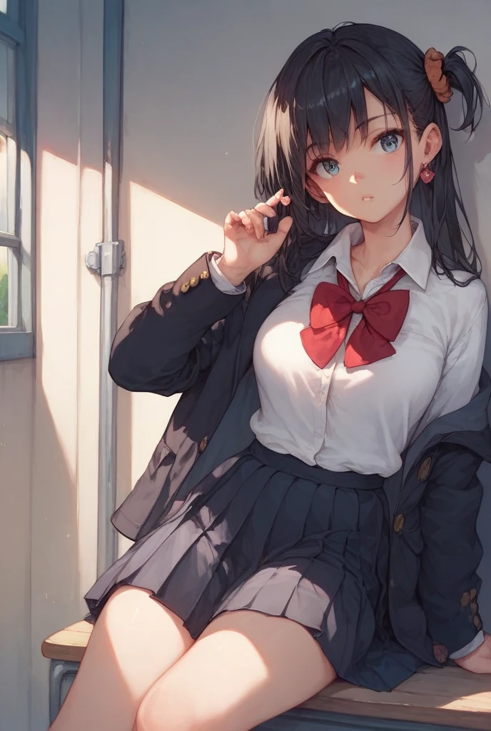 Arti future anime. Birds eye view, dirty woman sitting on chair in dilapidated house, wet messy hair over eyes, detailed bodycon shirt and pleated skirt. vixip, close-up landscape, hurt. Hand drawing, cinematic lighting, highly detailed. White, brown, red. Perfect composition, masterpiece, best quality, 4k, sharp focus. perfect anatomy.