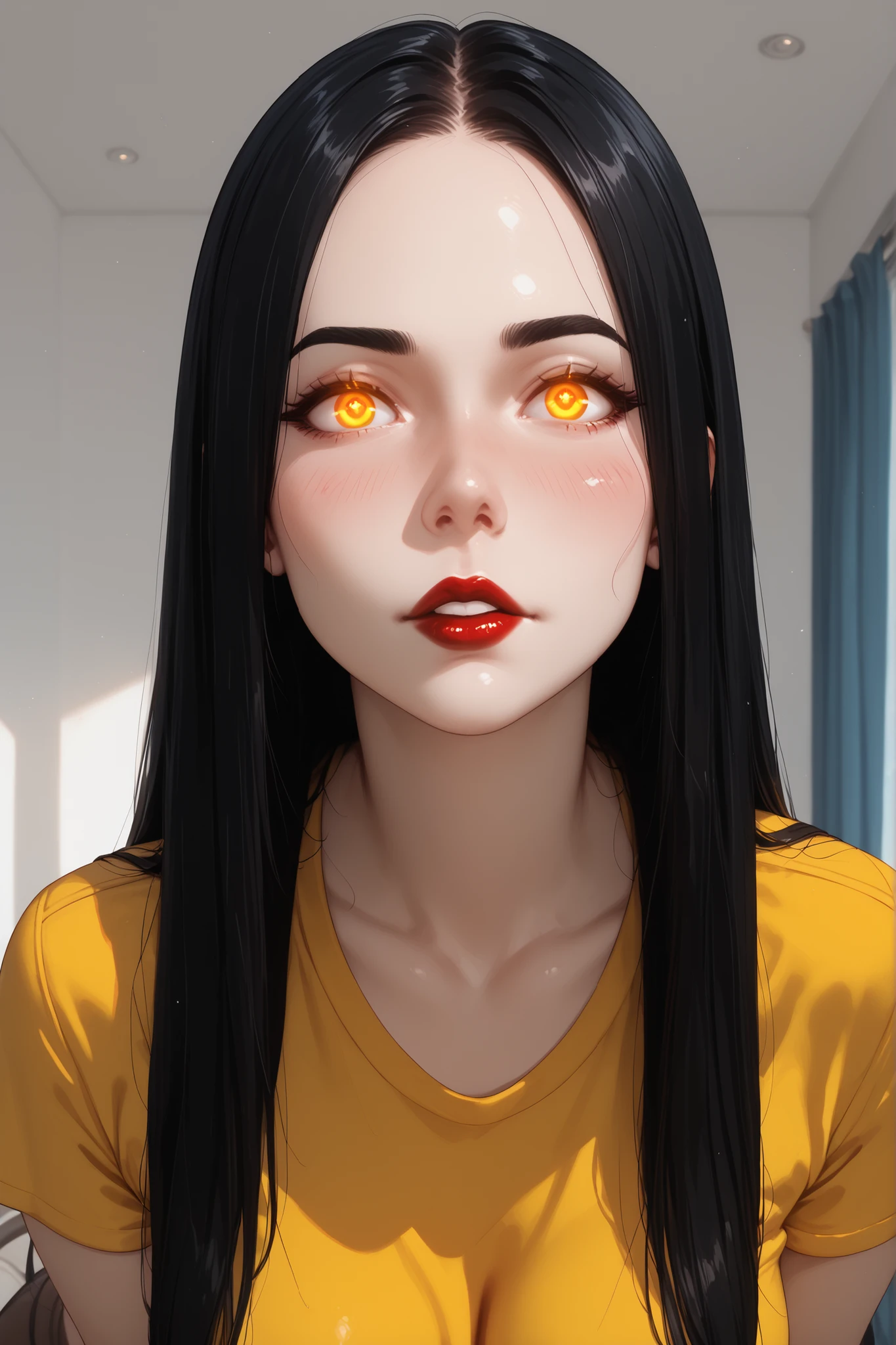(Large Straight Hair, Blue Straight Hair, Bright Straight Hair, Black Thin Eyebrows, Glows Eyes, Blush, Red Lips, Perfect Face, Beautiful Woman) (Yellow T-Shirt), (Medium Breasts, Perfect Breasts), (Livingroom Background)