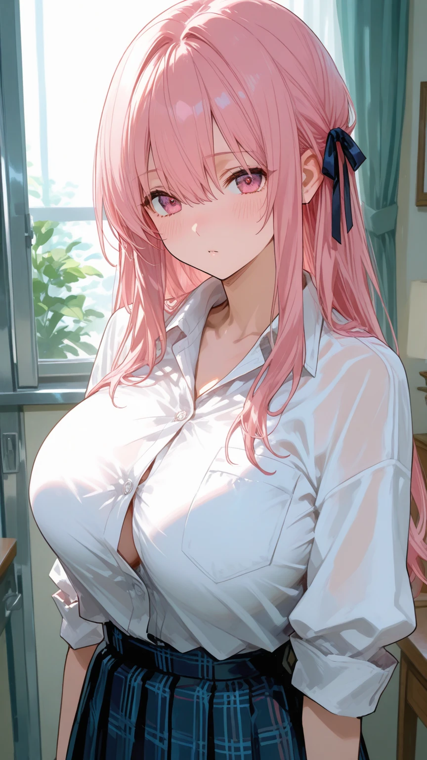 Masterpiece, stunning realistic, best quality, sharpness, 1 girl,sakura haruno,(school uniform:1.1),(both arms behind her head:1),large breasts,White shirt,(rote krawatte:1),blazer,kurzer stoff rock, pink hair, green eyes, forehead mark, standing in a school,(shirt lift:1),shirt lift and pants pull,lace bra,skinny fit,from above,bend over, on knees.