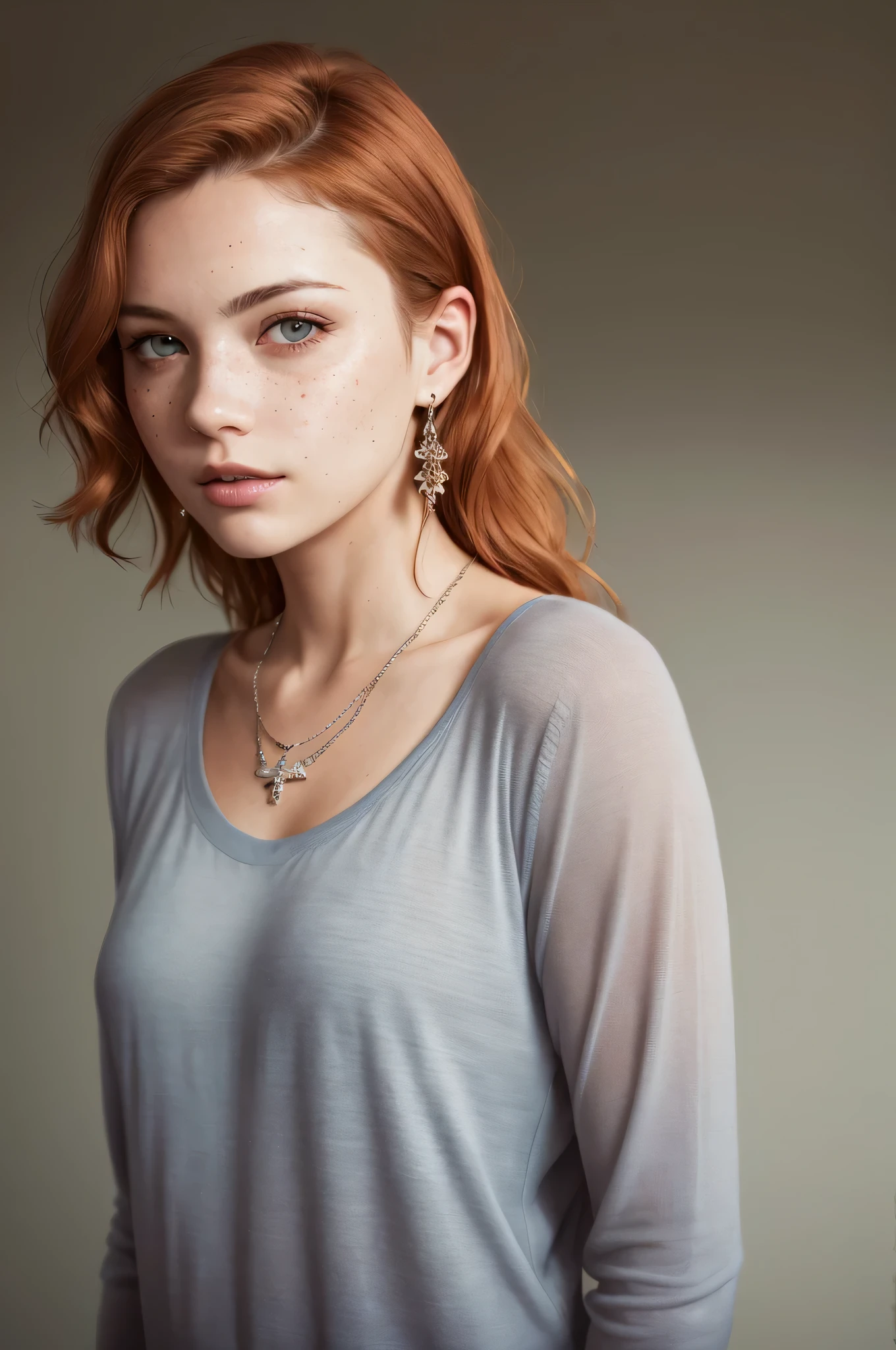 Beautiful skinny girl, elongated face and thin chin, freckles, blonde, blue eyes, bold dark red lipstick and Extra eyeliner and extra eyeshadow, white pale skin, black skirt, top, small nose, huge natural breasts, fringe, blonde, long hair, earrings, necklace, semi- top