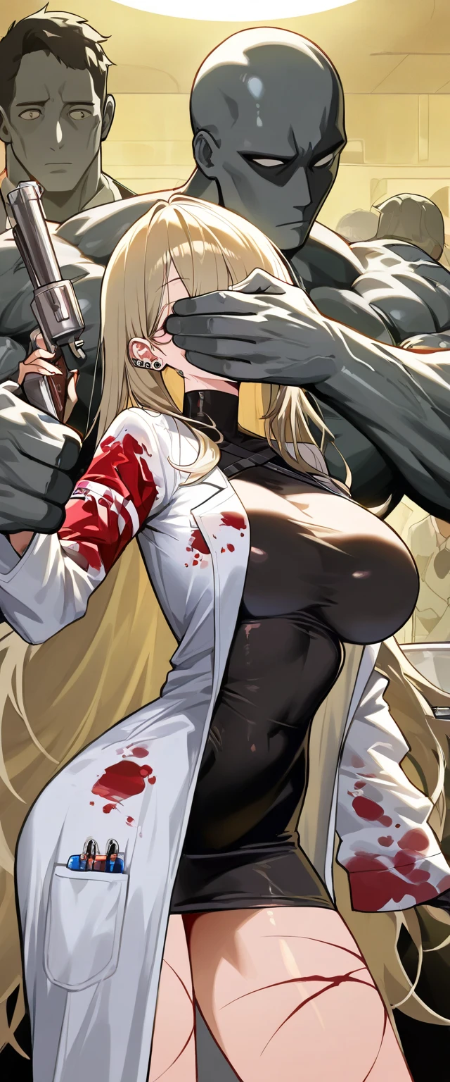 girl defeats man, girl kills man, girl is bullying a man, femdom, queen, girl is separated by blood from man, Blood on the belly, girls has big breasts, giri is curvy, girl is tall, girl has sword with blood, girl cut off head of man, girl exposes belly, shot from below