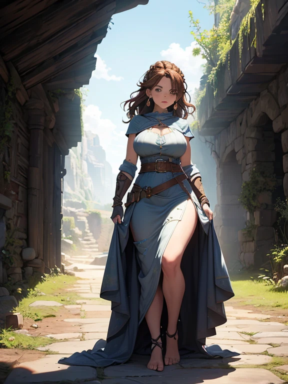nsfw, (ultra-detailed, photorealistic, best quality, 4k, 8k, highres, masterpiece:1.3), Princess Daena Targaryen, age 30, a sophisticated and self-assured individual, Known for her timeless beauty and regal style, She has the classic Targaryen features of silver-gold hair and violet eyes, She has a refined sense of fashion, always appearing elegant and majestic, Her outfit includes a Top: A simple, sleeveless tunic made of coarse linen or wool, often slightly tattered or worn, revealing more skin than typical attire of the time, Bottom: A plain, ankle-length skirt made from rough fabric, with a modest slit to allow for easier movement, Shoes: Basic leather sandals or worn-out boots, practical and functional rather than decorative, Accessories: Modest wooden or bone jewelry, such as simple bracelets or necklaces, adding a touch of personal flair despite their simplicity, Additional: A rough, woolen shawl or cloak that she can wrap around herself for warmth, often adding a layer of mystery and modesty to her appearance, (((intricate detail, super finely detailed hands, ultra finely detailed fingers, ten fingers, walking confidently, full body showcase, show full body))), in a fantasy background featuring a grand medieval castle with towering spires, surrounded by lush, enchanted forests, and a distant, mystical dragon flying in the sky.
