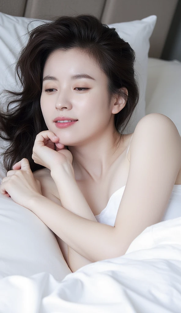 Female in her 30s、Face without makeup, silky white skin, Bun hair, lying on one's side on bed、Happy, Wearing a white camisole