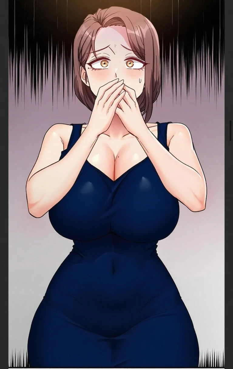 detailed illustration (side view),dynamic angle,ultra-detailed, detailed eyes, detailed face, 1girl, night , nightime, stars, 1940’s wife, tight and strained button up blouse and long skirt, anime eyes, lidded eyes, yelling, shouting, angry, standing in kitchen, domestic goddess, black hair, huge breasts, wholesome yet sexy, motherly, nurturing, MILF, glass sliding door, moonscape outside, dark blue eyes, highly detailed eyes, detailed eyes, bright eyes, long hair, wavy hair, red lips, buttons straining, cleavage too big, gaps between buttons, chest busting out, furious, yelling at camera, pointing at camera