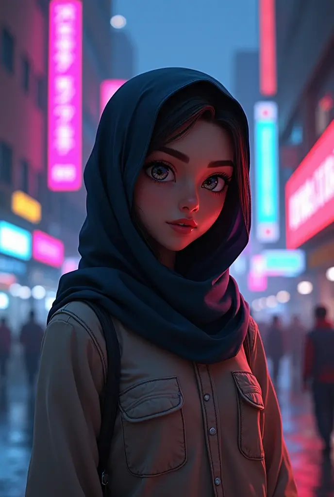Cyberpunk style animation of a girl named El Vina in her shirt wearing a hijab


