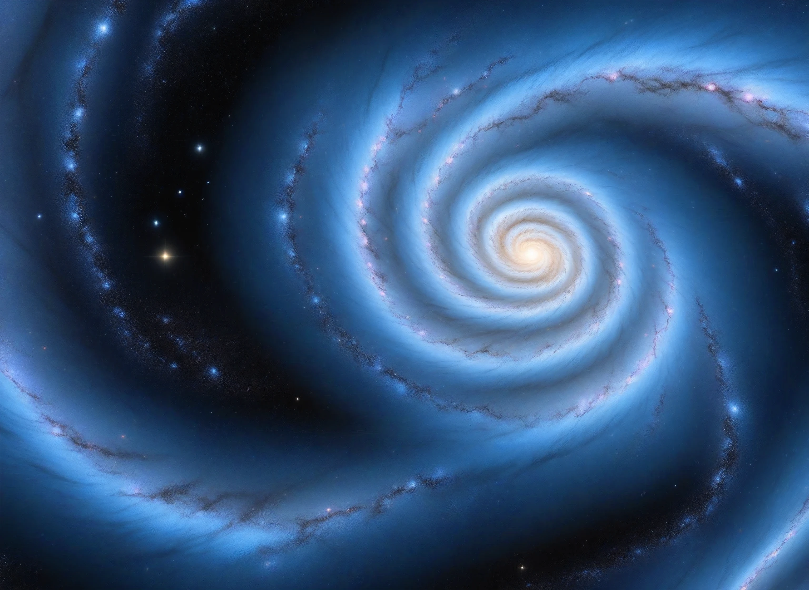 Illustrations of blue spiral galaxy, stars,black background, best image quality, blue, 4k, masterpiece