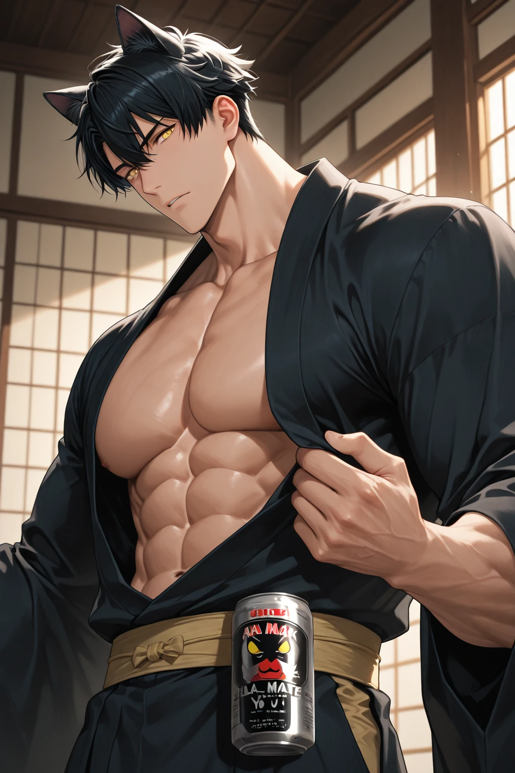 Kiritsugu is sitting and flexing his arms. He is completely shirtless. He wears black short boxershorts. You can see his thighs completely. He has a huge bulge.