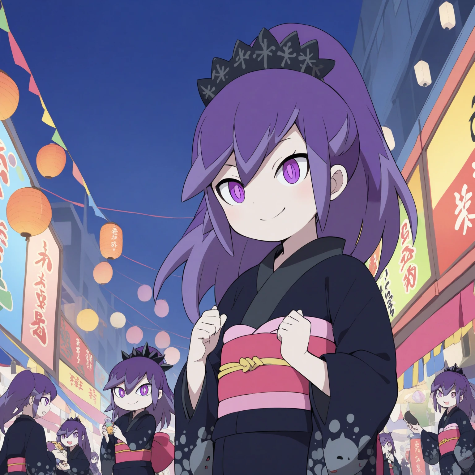 Hyakkihime from Yo-kai Watch、1 woman in the body、Smile Yan、purple hair carrying  purple eyes、black snowflake headdress、Black yukata、pink waist cloth 、Enjoying the summer festival、夜