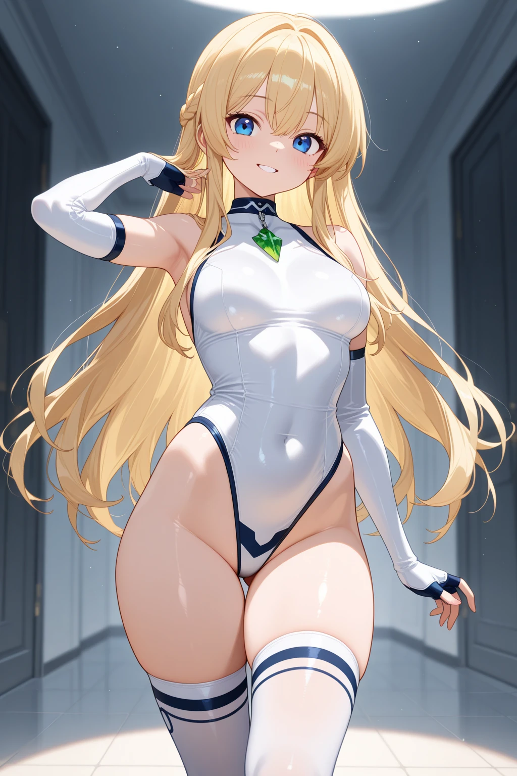 Alone, elf, long blonde hair, sparkling beautiful blue eyes, white skin, smile, shy face, wearing a leather jumper over her naked body, staring at the viewer, vertical pussy, plump pussy,