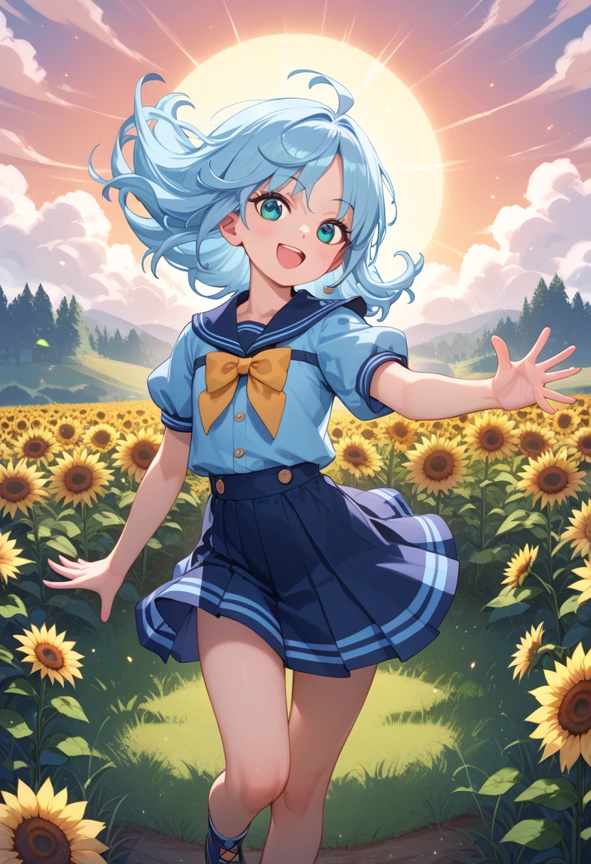 Cumulonimbus clouds tower high in the sky、Sunflower field、A girl with blue hair tied in a ponytail、Anatomically correct depiction、Short-sleeved sailor suit、Navy Blue Skirt、Look back and laugh、Long hair blowing in the wind、⦅Skirts don't flip up⦆