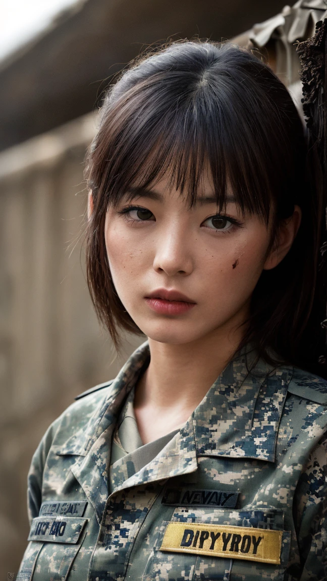 Female soldier fighting in a war-torn city,Heavy breathing,Sweaty,