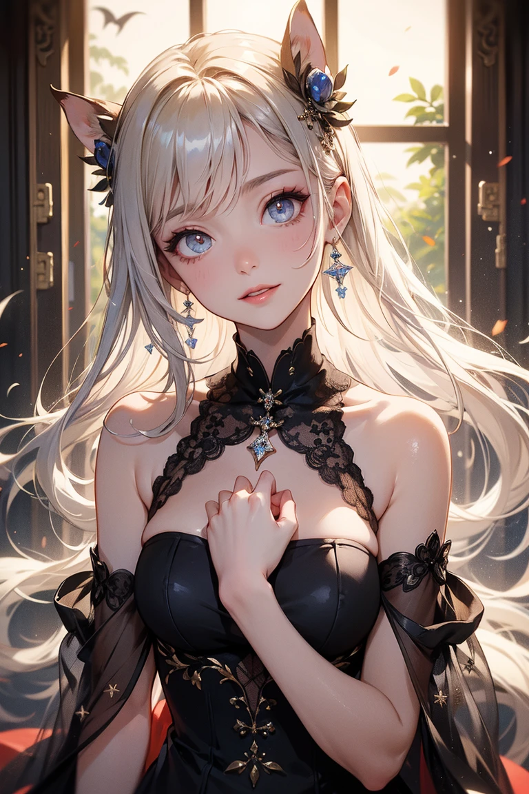 High quality, rich in detail, twin-tailed silver-haired girl posing cutely. They wear vintage Gothic gothic clothes, wearing bracelets, earrings and necklaces. Big are also visible. The photo is a close-up of the face, with cleavage, shiny breasts, sweat in the cleavage, and a sexy vibe.