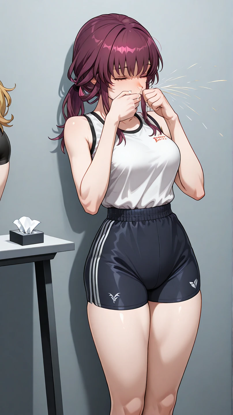 2 Asian girls, both farting side by side, desperate to poop, in gym, farting while working out, stomach growling, wearing yoga pants and exercise clothes, wearing hijab, malaysian girl, tomboy, stomach bloated, hands hugging stomach, pained expression, shocked and embarrassed, mouth open in shock, blushing, beautiful and cute face, anime art style, fit body, tall and thin, view from front
