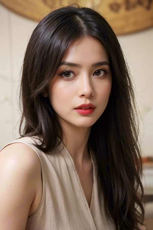 1girl, High-quality work，Realistic works，Super premium graphics，8K HD CG works，high quality graphics，High-definition and exquisite CG works，10x pixels，Ultra-fine details：1.1，Advanced technical details：1.1Realistic photo effects，Interior lighting effects：1.5，natural soft light：1.5. Light effect（Virtual light effects：1.8），ultra high resolution, long brown hair，high detailed hair（Quality hair details：1.1）Clear eyes，Double eyelids look good，Sharp eye makeup, Create exquisite eyelash makeup, thin eyebrows, Ultra-detailed eyes，a tall nose, lovely red lips, chapped lips, rosey cheeks, With delicate makeup on her face , pretty face, The face shape is perfectly proportioned,（Advanced  details：1.1) 20 years old, perfect beautiful detailed face, realistic skin pores, sharp clear eyes, ( slip)，Amazing ,  slender body, perfect medium , staring at camera, innocent,  pose,  Look, Intimate pov, point of view