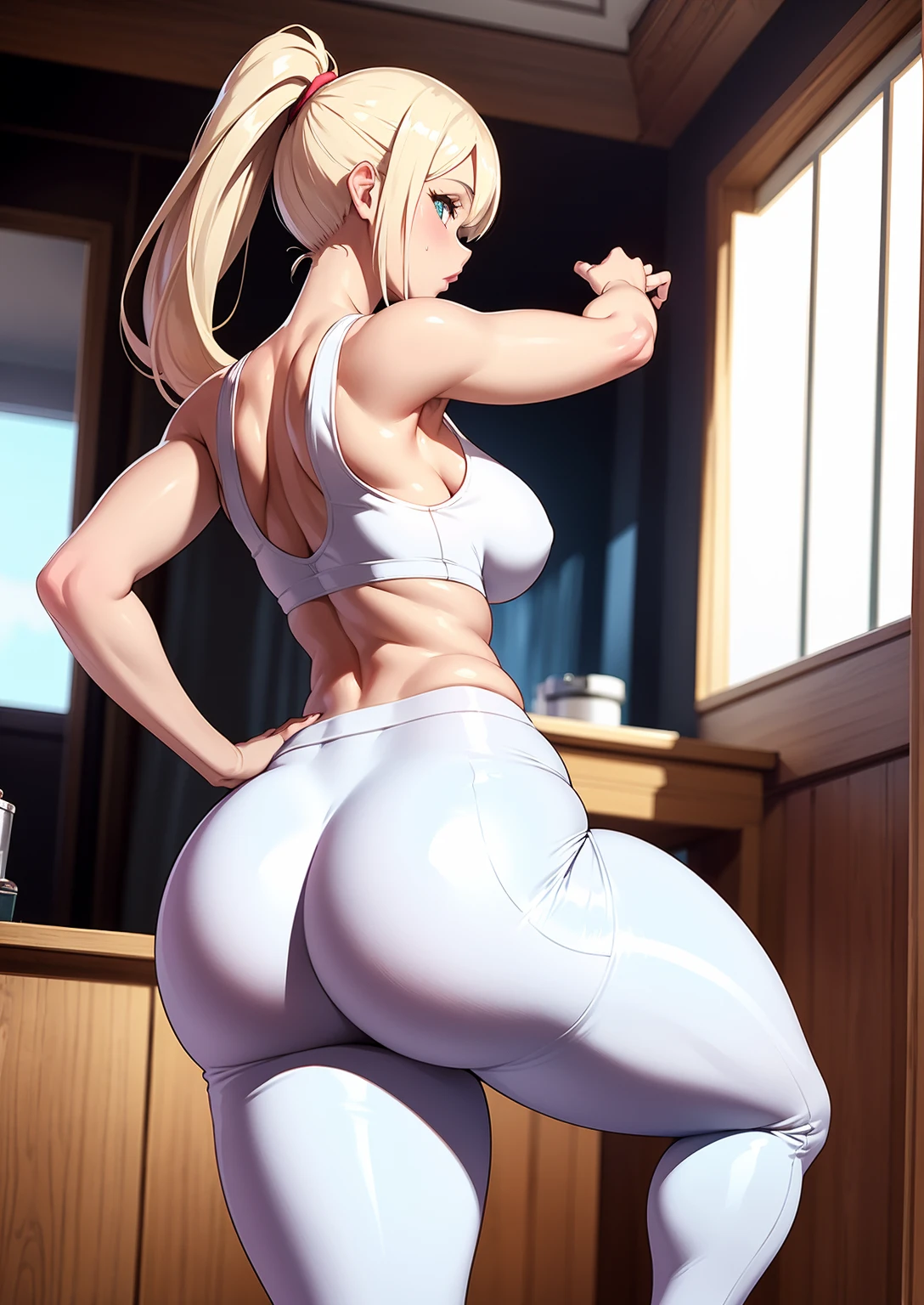 Best quality, massive breasts, massive ass, very curvy, dark brown skin, long blond hair, yellow eyes, slutty, gyaru, full lips, seductive, smiling, gym, white clothes, yoga pants, gym, massive breasts, wide hips, darkskin, tan, white clothes, yoga, doing yoga, yoga pose