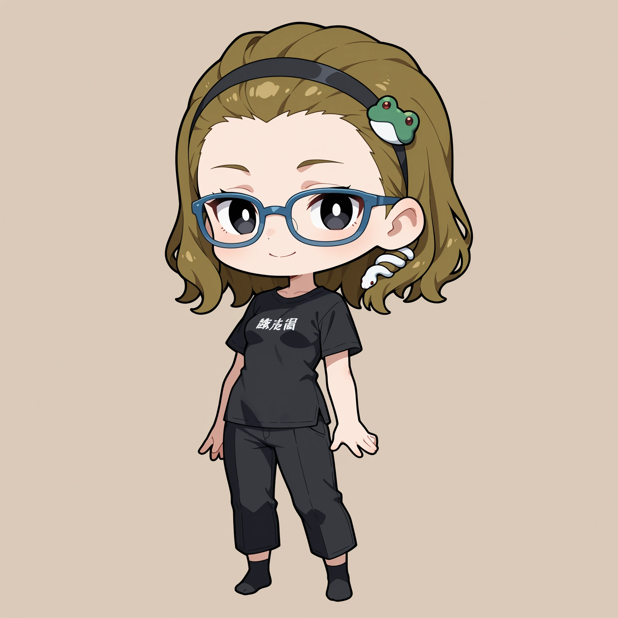 1girl,solo, medium hair, top quality,brown hair,{snake hair ornament}, girls , 8k,blue glasses,small , bangs slicked back, front view, simple background, black t-shirt,plain t-shirt, black eyes,short sleeve dress shirt,black skinny pants,full body,black socks,chibi, icon style,smile,black hairband, 